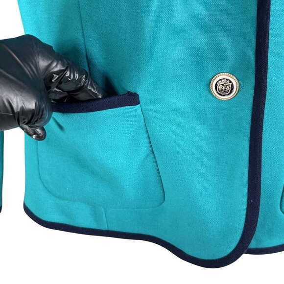 Talbots Aberdeen Womens 10 Teal Blazer Navy Trim Gold Crest Buttons Yacht Jacket - Picture 6 of 16